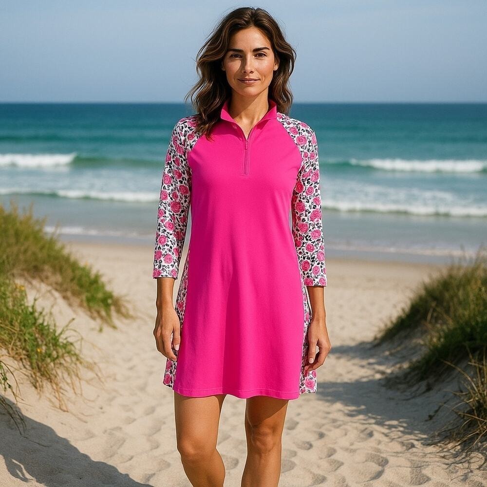 SAN SOLEIL Golf Dress with shorts Medium Pink Floral 1/4 Zip UPV 50 NWT $139 - Picture 11 of 13